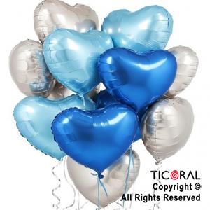 SET DE GLOBOS METALIZADOS CORAZON COMBINADOS AZUL CELESTE PLATA x 10 UNIDADES
